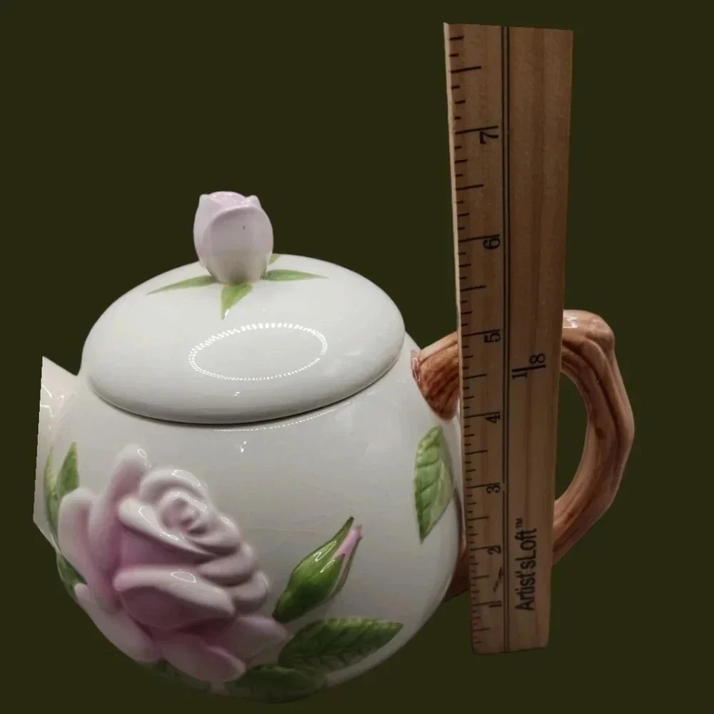 Teleflora rose ceramic teapot white pink color